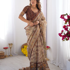Beige & Brown Handloom Cotton Saree with Mythical Kalamkari Pallu and Elephant Motifs
