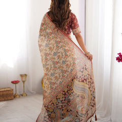 Beige & Maroon Handloom Cotton Saree with Multicolor Floral Print and Majestic Bird Art Pallu