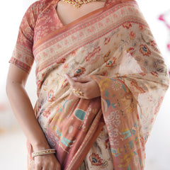 Ivory Handloom Cotton Saree with Maroon Borders, Floral Print & Royal Procession Pallu