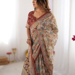 Beige & Maroon Handloom Cotton Saree with Multicolor Floral Print and Majestic Bird Art Pallu