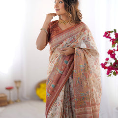 Ivory Handloom Cotton Saree with Maroon Borders, Floral Print & Royal Procession Pallu