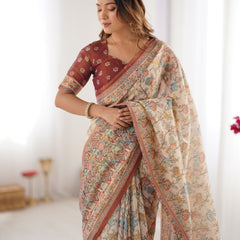 Beige & Maroon Handloom Cotton Saree with Multicolor Floral Print and Majestic Bird Art Pallu