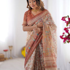 Ivory Handloom Cotton Saree with Maroon Borders, Floral Print & Royal Procession Pallu