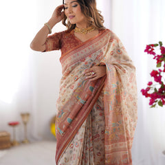 Ivory Handloom Cotton Saree with Maroon Borders, Floral Print & Royal Procession Pallu