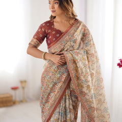 Beige & Maroon Handloom Cotton Saree with Multicolor Floral Print and Majestic Bird Art Pallu