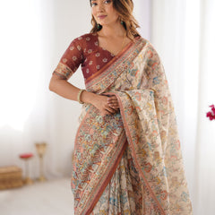 Beige & Maroon Handloom Cotton Saree with Multicolor Floral Print and Majestic Bird Art Pallu