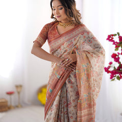 Ivory Handloom Cotton Saree with Maroon Borders, Floral Print & Royal Procession Pallu