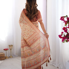 Ivory Handloom Cotton Saree with Maroon Borders, Floral Print & Royal Procession Pallu