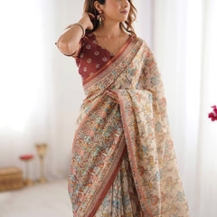 Beige & Maroon Handloom Cotton Saree with Multicolor Floral Print and Majestic Bird Art Pallu