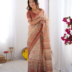 Ivory Handloom Cotton Saree with Maroon Borders, Floral Print & Royal Procession Pallu
