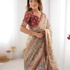 Beige & Maroon Handloom Cotton Saree with Multicolor Floral Print and Majestic Bird Art Pallu