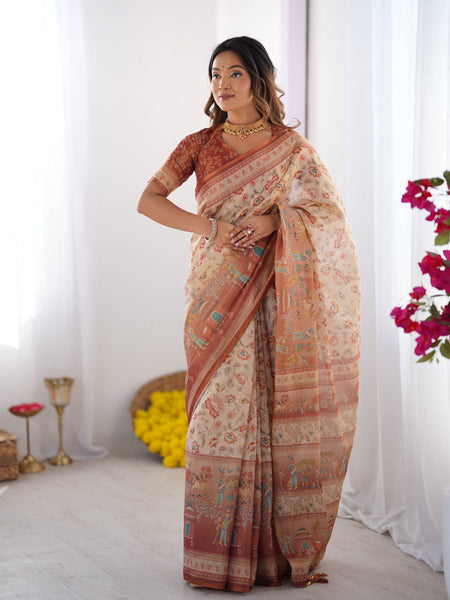 Ivory Handloom Cotton Saree with Maroon Borders, Floral Print & Royal Procession Pallu