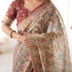 Beige & Maroon Handloom Cotton Saree with Multicolor Floral Print and Majestic Bird Art Pallu