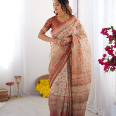 Ivory Handloom Cotton Saree with Maroon Borders, Floral Print & Royal Procession Pallu