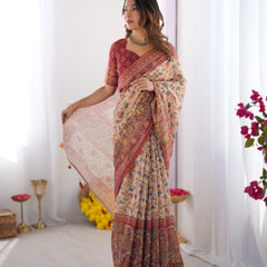 Handloom Beige Cotton Saree with Maroon Blouse, Pomegranate Floral Print & Village Tale Pallu