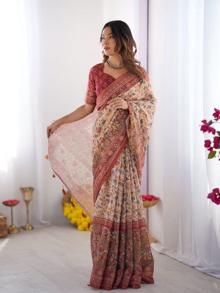 Handloom Beige Cotton Saree with Maroon Blouse, Pomegranate Floral Print & Village Tale Pallu