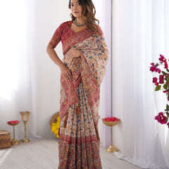 Handloom Beige Cotton Saree with Maroon Blouse, Pomegranate Floral Print & Village Tale Pallu