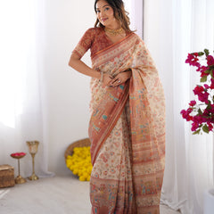 Ivory Handloom Cotton Saree with Maroon Borders, Floral Print & Royal Procession Pallu