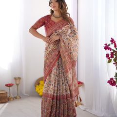 Handloom Beige Cotton Saree with Maroon Blouse, Pomegranate Floral Print & Village Tale Pallu