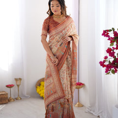 Ivory Handloom Cotton Saree with Maroon Borders, Floral Print & Royal Procession Pallu