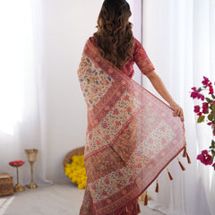 Handloom Beige Cotton Saree with Maroon Blouse, Pomegranate Floral Print & Village Tale Pallu