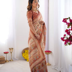 Ivory Handloom Cotton Saree with Maroon Borders, Floral Print & Royal Procession Pallu