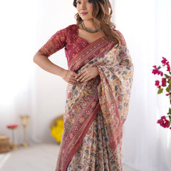 Handloom Beige Cotton Saree with Maroon Blouse, Pomegranate Floral Print & Village Tale Pallu