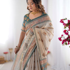 Ivory & Teal Handloom Cotton Saree with Buti Print, Mandala Motifs & Peacock Pallu