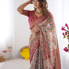 Handloom Beige Cotton Saree with Maroon Blouse, Pomegranate Floral Print & Village Tale Pallu
