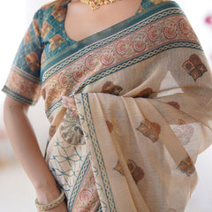 Ivory & Teal Handloom Cotton Saree with Buti Print, Mandala Motifs & Peacock Pallu