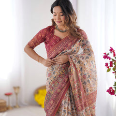 Handloom Beige Cotton Saree with Maroon Blouse, Pomegranate Floral Print & Village Tale Pallu