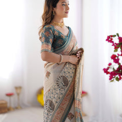 Ivory & Teal Handloom Cotton Saree with Buti Print, Mandala Motifs & Peacock Pallu