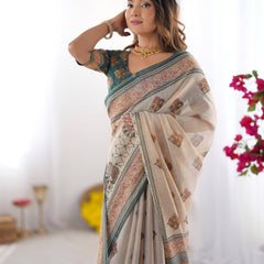 Ivory & Teal Handloom Cotton Saree with Buti Print, Mandala Motifs & Peacock Pallu