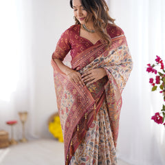 Handloom Beige Cotton Saree with Maroon Blouse, Pomegranate Floral Print & Village Tale Pallu