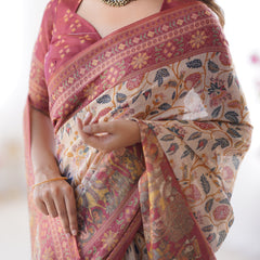 Handloom Beige Cotton Saree with Maroon Blouse, Pomegranate Floral Print & Village Tale Pallu
