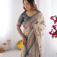 Ivory & Teal Handloom Cotton Saree with Buti Print, Mandala Motifs & Peacock Pallu