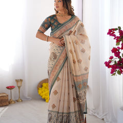 Ivory & Teal Handloom Cotton Saree with Buti Print, Mandala Motifs & Peacock Pallu