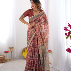 Rust Maroon Handloom Cotton Saree with Floral Jaal & Multicolor Mandala Pallu Art
