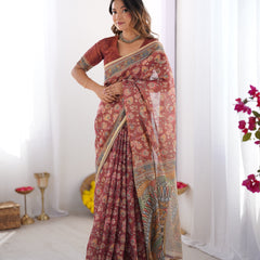 Rust Maroon Handloom Cotton Saree with Floral Jaal & Multicolor Mandala Pallu Art