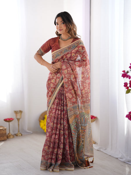 Rust Maroon Handloom Cotton Saree with Floral Jaal & Multicolor Mandala Pallu Art