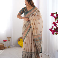 Ivory & Teal Handloom Cotton Saree with Buti Print, Mandala Motifs & Peacock Pallu