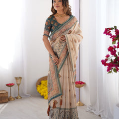 Ivory & Teal Handloom Cotton Saree with Buti Print, Mandala Motifs & Peacock Pallu