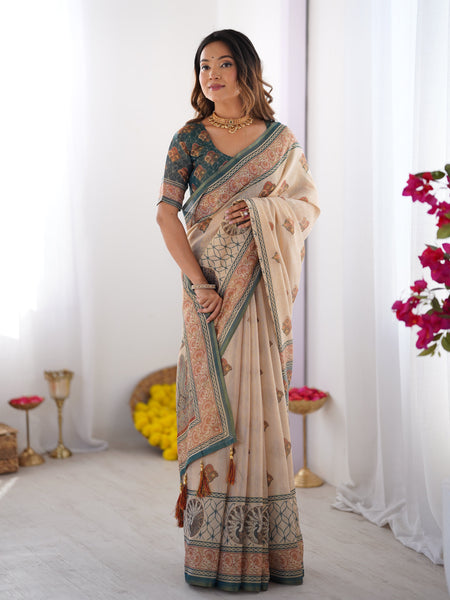 Ivory & Teal Handloom Cotton Saree with Buti Print, Mandala Motifs & Peacock Pallu