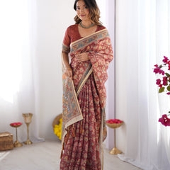 Rust Maroon Handloom Cotton Saree with Floral Jaal & Multicolor Mandala Pallu Art
