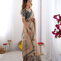 Ivory & Teal Handloom Cotton Saree with Buti Print, Mandala Motifs & Peacock Pallu