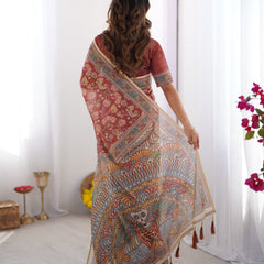 Rust Maroon Handloom Cotton Saree with Floral Jaal & Multicolor Mandala Pallu Art