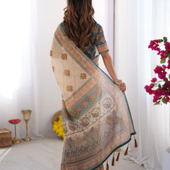 Ivory & Teal Handloom Cotton Saree with Buti Print, Mandala Motifs & Peacock Pallu