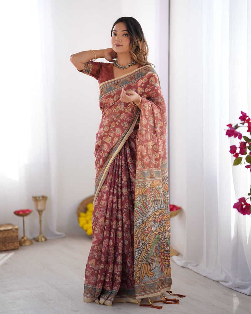 Rust Maroon Handloom Cotton Saree with Floral Jaal & Multicolor Mandala Pallu Art