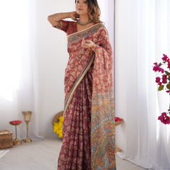 Rust Maroon Handloom Cotton Saree with Floral Jaal & Multicolor Mandala Pallu Art