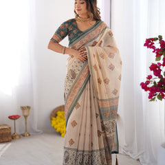 Ivory & Teal Handloom Cotton Saree with Buti Print, Mandala Motifs & Peacock Pallu